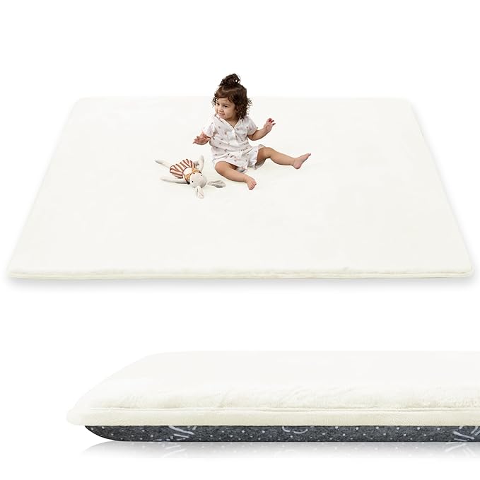 PaPaMat 1.5" Thick Baby Play Mat for Floor, 59x79 Playpen Mat, Pro Soft Flannel Foam Mats Toddler Infant Kids Crawling for Nursery Rug Playroom Living Room Waterproof Easy Care Non-Slip (Cream)