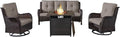 Belord Outdoor Patio Furniture Set with 50000BTU Propane Fire Pit Table, 4 Pieces Wicker Patio Conversation Set with 2 Swivel Rocker Glider Chairs Rattan Sofa Grey Cushion Perfect for Gathering