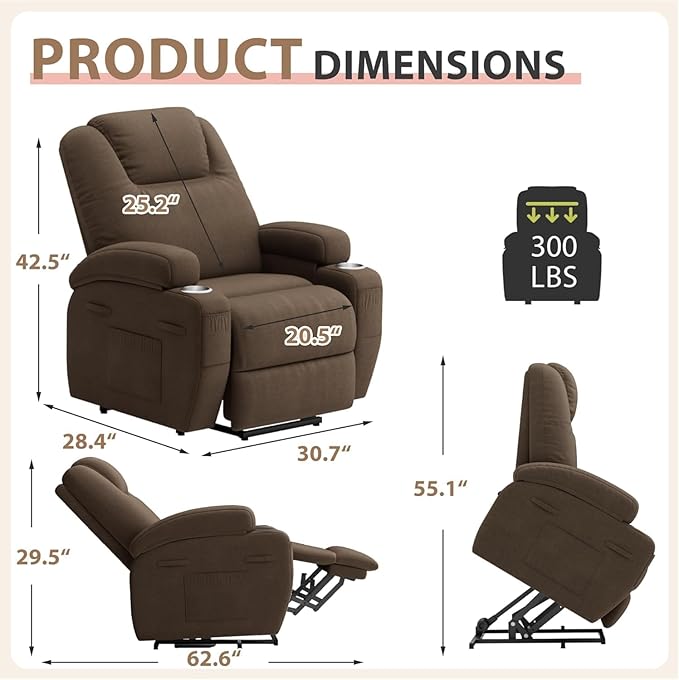 Flamaker Power Lift Chair Massage Recliner Chairs for Elderly - Ergonomic Design with Cup Holders & Side Pockets, Remote Control (Dark Brown)