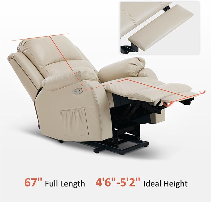 MCombo Small-Regular Power Lift Recliner Chair with Massage and Heat for Petite Elderly People, 3 Positions, 2 Side Pockets, USB Ports, Faux Leather 7408 (Beige, Small-Regular)