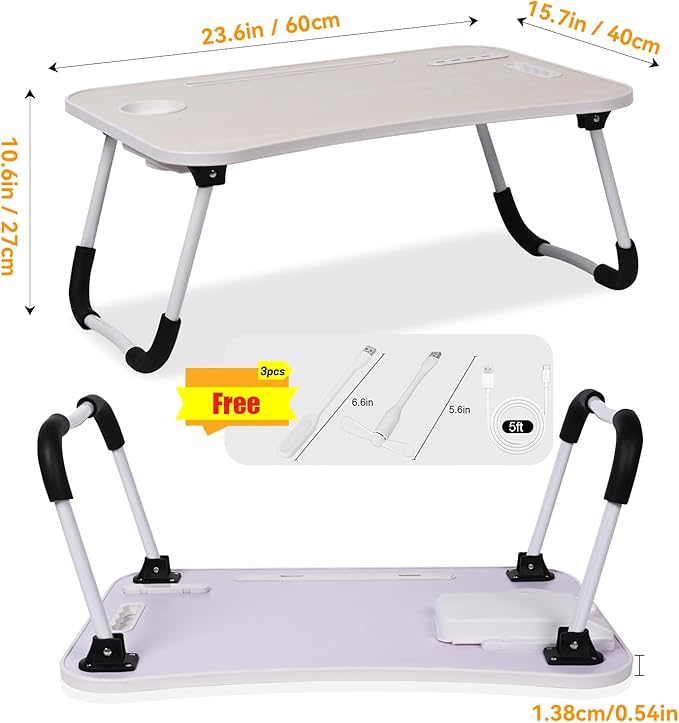 23.6 inch Portable Bed Desk, Folding Lap Desk with 4 USB Ports, Wind Fan, LED Light, Cup Holder and Side Drawer for Working, Reading, Writing, Eating on Bed, Sofa, Floor (Pink)