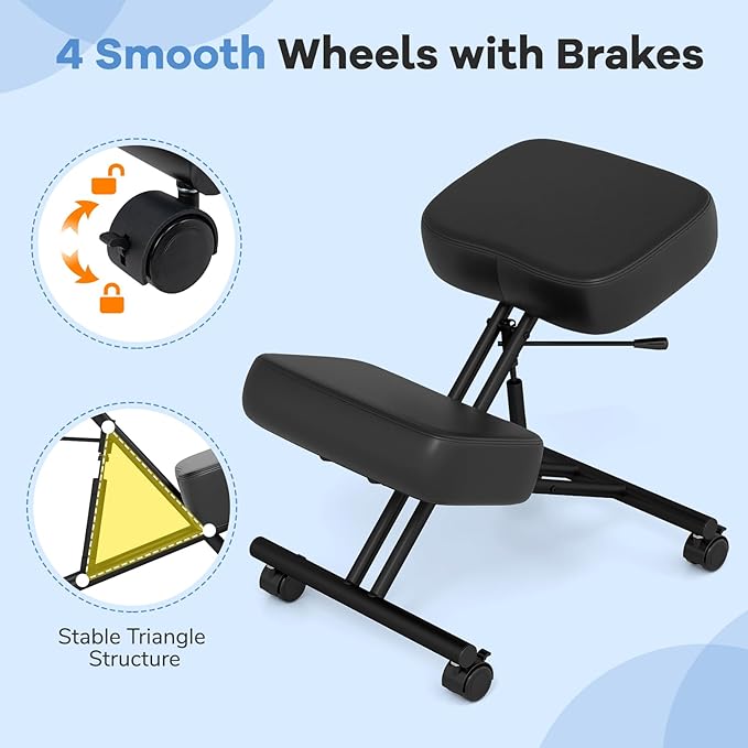 Goplus Kneeling Chair, Upholstered Mobile Desk Chair w/Adjustable Height, Thickened Sponge Cushion, 4 Lockable Universal Wheels, Office Home Padded Stool with Angled Seat, Black (2)