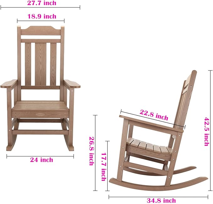 hOmeHua Rocking Chair, All-Weather Oversized Outdoor Indoor, Patio Fade-Resistant Porch Rocker Chairs, Durable Smooth Rocking,Comfortable Easy to Assemble, Low Maintain (Wood Color)