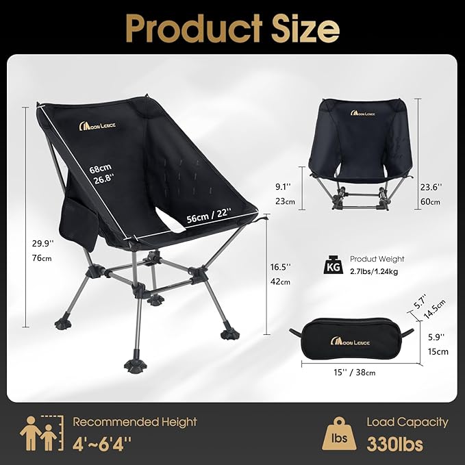 MOON LENCE Portable Camping Chair Plus Size, Folding Backpacking Beach Chair with Groundgrip Feet, Upgraded Comfort & Size, Still Compact and Lightweight for Hiking, 330Lbs Capacity (Black)