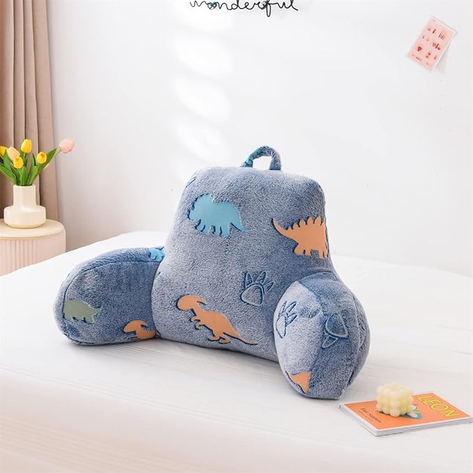 Holawakaka Glow in The Dark Reading Pillow for Sitting up in Bed Sofa Kids Teens, Luminous Dinosaurs Backrest Pillow with Arms, Boys Girls Back Support Cushion for Couch Floor Nursery Playroom