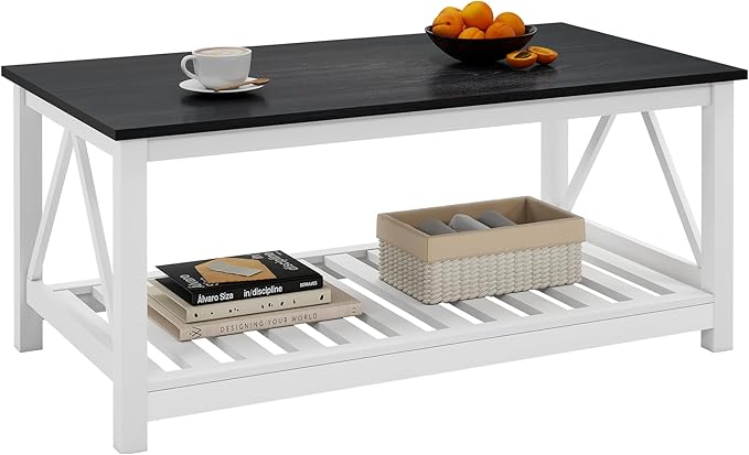 UYIHOME Farmhouse Coffee Table, Black and White Coffee Table for Living Room, 2-Tier Rectangular Wooden Centre Cocktail Table with Slats Shelf Storage and V-Shaped Frame Modern Coffee Tables Oak Black