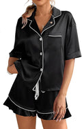 CHYRII Women's Silk Satin Pajamas Two Piece Pj Sets Short Sleeve Tops Ruffled Shorts Sleepwear with Magnetic Diffuser