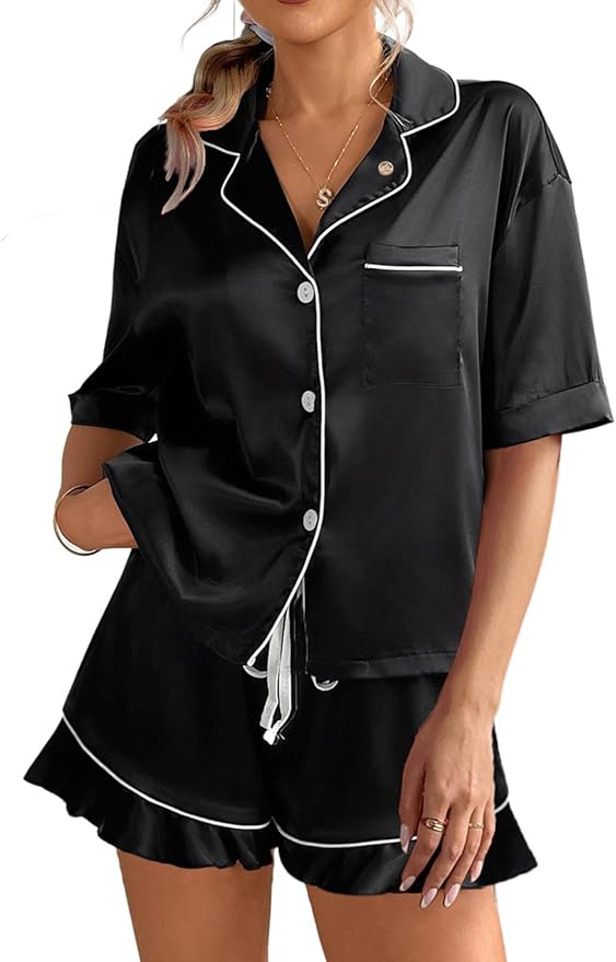 CHYRII Women's Silk Satin Pajamas Two Piece Pj Sets Short Sleeve Tops Ruffled Shorts Sleepwear with Magnetic Diffuser
