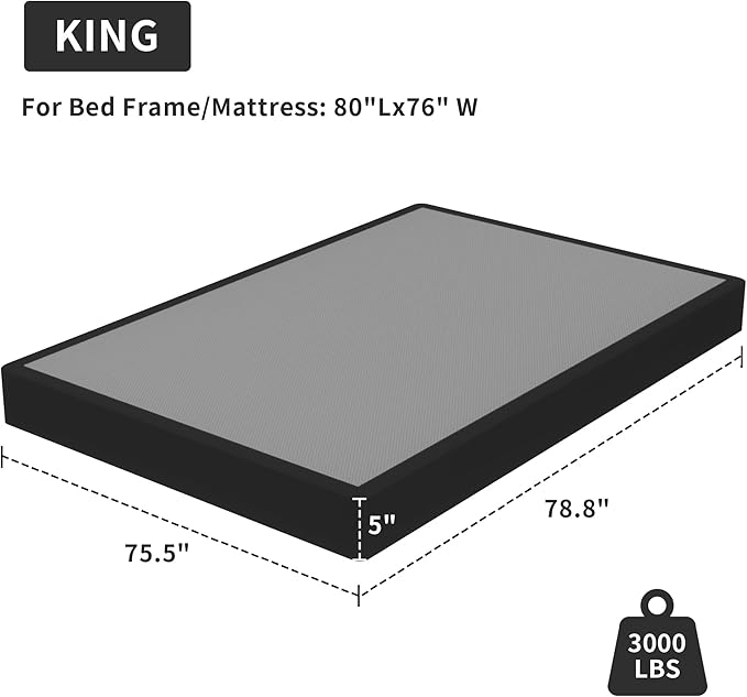 Superay King Box Spring, 5 inch Box Spring for King Bed, Heavy Duty Metal Bed Frame with Fabric Cover, 3000lbs Max Weight Capacity Bed Base Mattress Foundation, Easy Assembly, Noise Free, Black