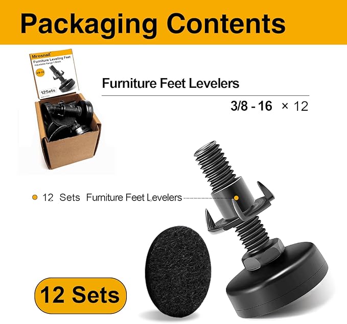 Mrosnail 12Pcs Adjustable Furniture Leveling Feet with T-Nuts, 3/8"-16 UNC Thread Screw-in Furniture Levelers for Tables, Sofas, Shelves, Cabinets