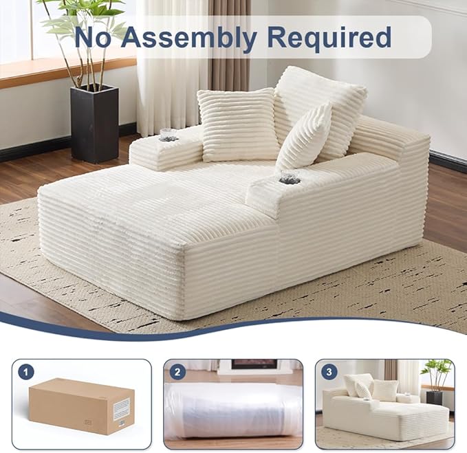 66" Oversized Chaise Lounge Sofa Chair Indoor, Modern Corduroy Single Sleeper Couch Chair with 3 Soft Pillows＆Cup Holder, Boneless Cloud Couch Single Seat Sofa Bed for Living Room Office (White)