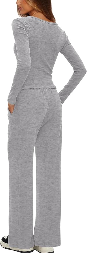 Darong Womens 2 Piece Matching Lounge Sets 2026 Long Sleeve Henley Shirts Wide Leg Pants Airport Travel Outfits