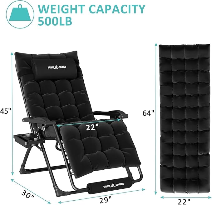 Amopatio Oversized Zero Gravity Chair with Cushion, XL Folding Outdoor Lounge Reclining Patio Chair with Tray/Footrest/Headrest for Camping Sunbathing Relaxing Reading