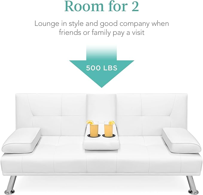 Best Choice Products Faux Leather Upholstered Modern Convertible Futon, Adjustable Folding Sofa Bed, Guest Bed w/Removable Armrests - White