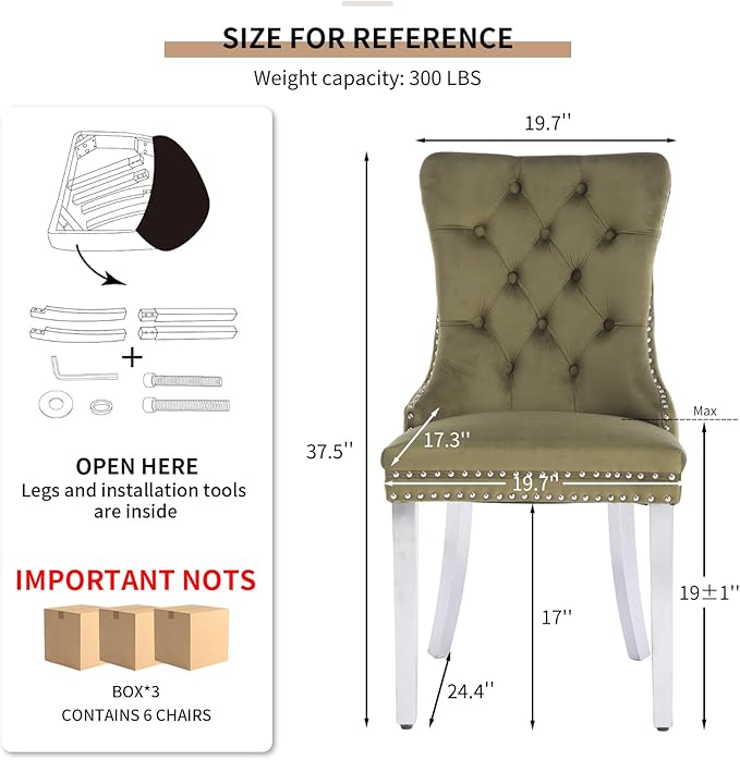 YeahFurn Mid Century Modern Dining Chairs Set of 6, Olive Velvet Upholstered Tufted Back, Kitchen & Dining Room Chairs, Brushed Silver Metal Legs, Nailhead Trim, Sillas para Comedor (Olive, 6 Pcs)