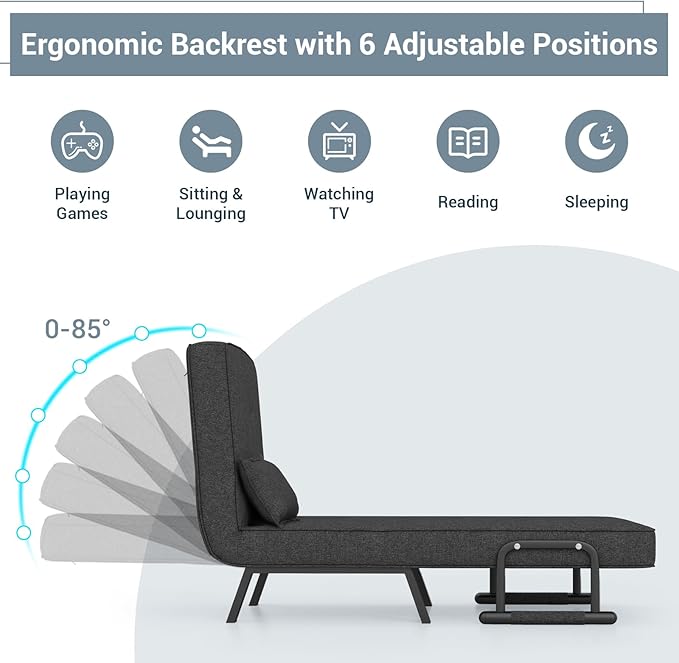 KOMFOTT Convertible Sleeper Chair Bed, 4-in-1 Folding Sofa Bed with 6-Position Adjustable Backrest, Upholstered Chaise Lounge with Removable Pillow, Leisure Recliner Lounge Couch for Home Office