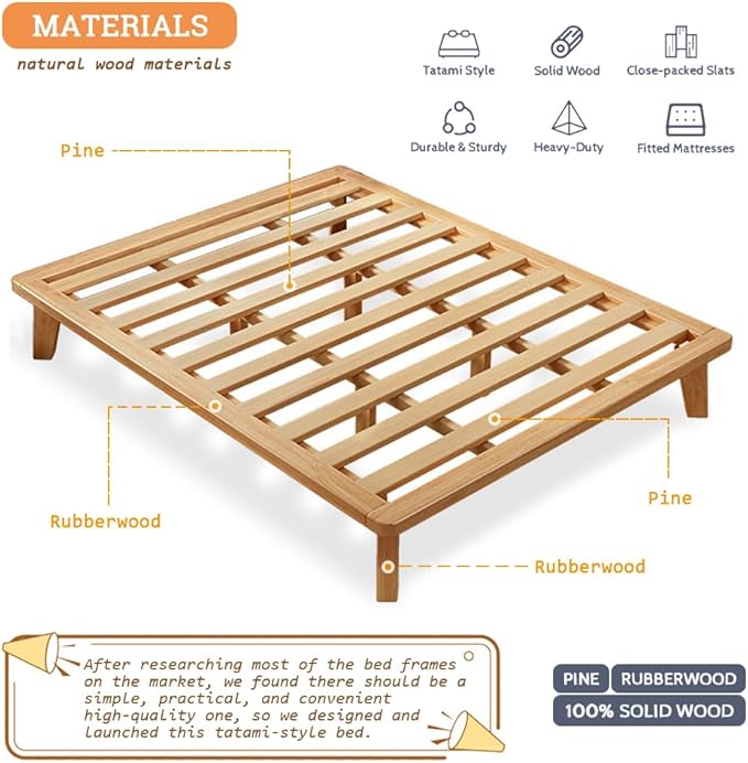 NELYE Twin-XL Platform Bed Base - 14 Inch Solid Wood Mattress Foundation with Support Slats and Legs, Twin XL Size Rubberwood Simple Bed Frame