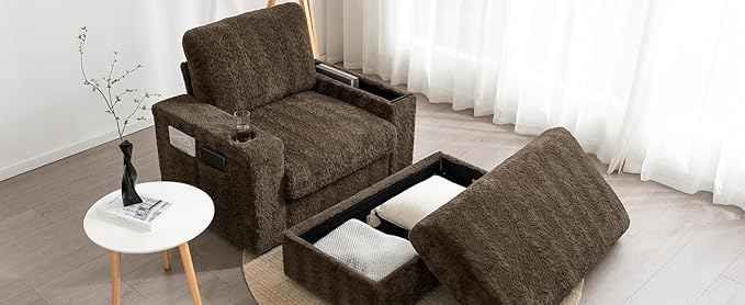 Indoor Chaise Lounge with Storage Ottoman, Armrests, and Cup Holders, Oversized Sleeper Chair for Living Room and Bedroom, 4 Colors