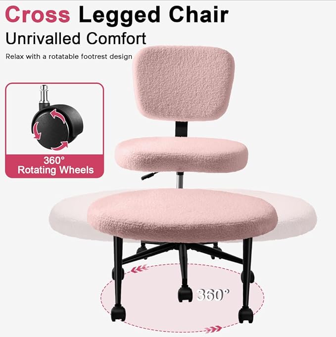 Ergonomic Cross Legged Office Chair，ADHD Chair for Adults，Height Adjustable Meditation Chair with Wheels，Teddy Fabric Yoga Kneeling Chairs with Comfortable Back Support (Pink)