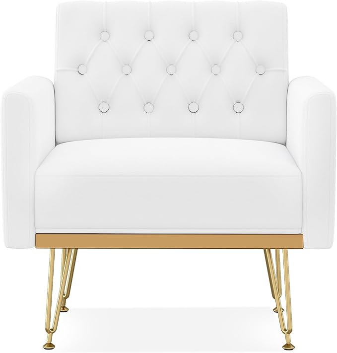 Accent Chair for Living Room, Comfy Oversized Velvet Upholstered Arm Chairs, Mid Century Modern Reading Single Sofa Side Chair with Tufted Back and Gold Legs for Bedroom (2, Pure White)