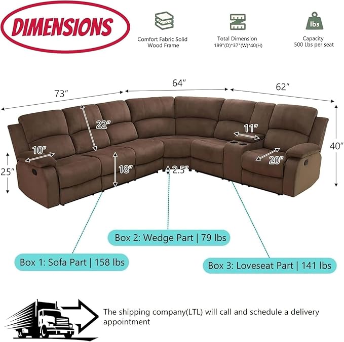 Manual Reclining Sofa Set with Drop-Down Table, Corduroy Sofa Sets, Living Room Furniture Sets, Modern Manual Recliner Sofa Sets with Storage Console for Living Room (Brown, Sectional)