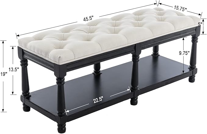 Farmhouse Storage Bench Wooden Entryway Linen Upholstered Ottoman Button Tufted Bench with Black Legs for Bedroom End of Bed Hallway Organizer, Beige, 45 Inch