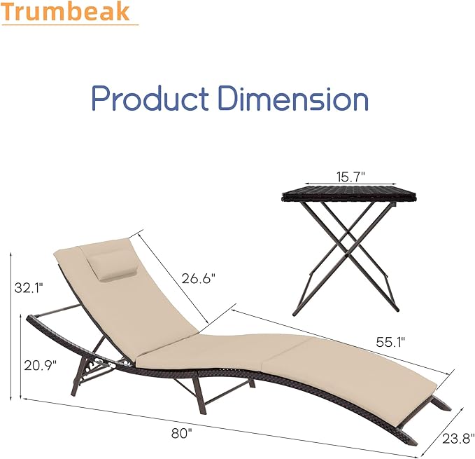 Trumbeak Patio Chaise Lounge Set 3 Pieces Pool Lounge Chairs,Cushioned Outdoor Folding Lounge Chair w/Rattan Adjustable Backrest for Poolside Porch,Folding Table Included,Sand
