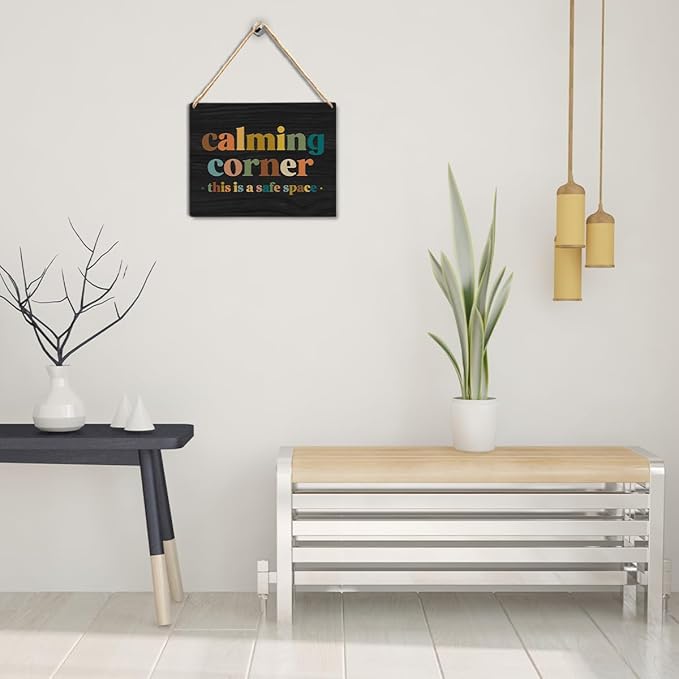 Calming Corner Hanging Wood Sign Plaque - Safe Space, Classroom Decor, School Counselor Office, Calm Down Corner Decorations - Boho Style (Black), 10x8