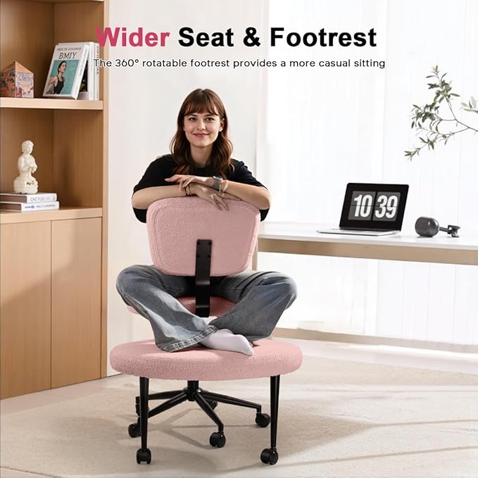 Ergonomic Cross Legged Office Chair，ADHD Chair for Adults，Height Adjustable Meditation Chair with Wheels，Teddy Fabric Yoga Kneeling Chairs with Comfortable Back Support (Pink)