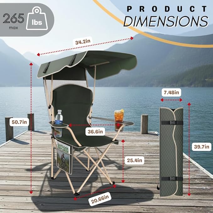 CozyBox Portable Folding Camping Chairs with Canopy Shade, Beach Chair for Adults, Durable Weather Resistant 600D Oxford Cloth, Camping Chair with Canopy for Outdoors [Olive Green]