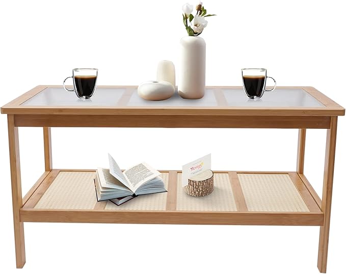 2 Tier Pedestal Coffee Table Glass Top Coffee Table Sofa Tables with Open Storage Living Room Furniture, Double Layer Modern Living Room Table Tea Table Low Table for Sitting on The Floor