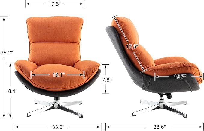 DUOMAY Swivel Accent Chair, Modern Linen Soft Foam Lounge Chair with High Back, Comfy Rocker Chair for Living Room Bedroom Reading Room Office, Tilt & Swivel, Chrome Base, Orange