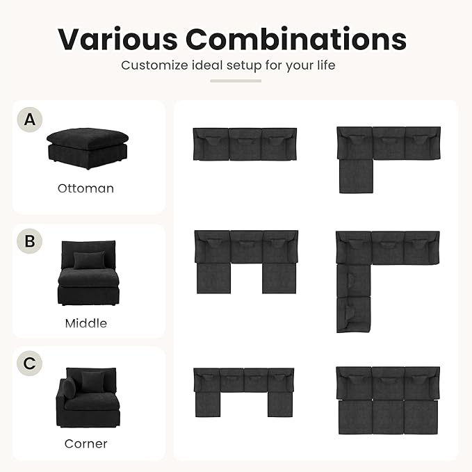 WJShome 83" Cloud Couch Sectional for Living Room, Down Filled Modular Sectional Sofa,L Shaped Sofas with Ottoman,Convertible Couch, Sofa Covers Washable&Replaceable,Black