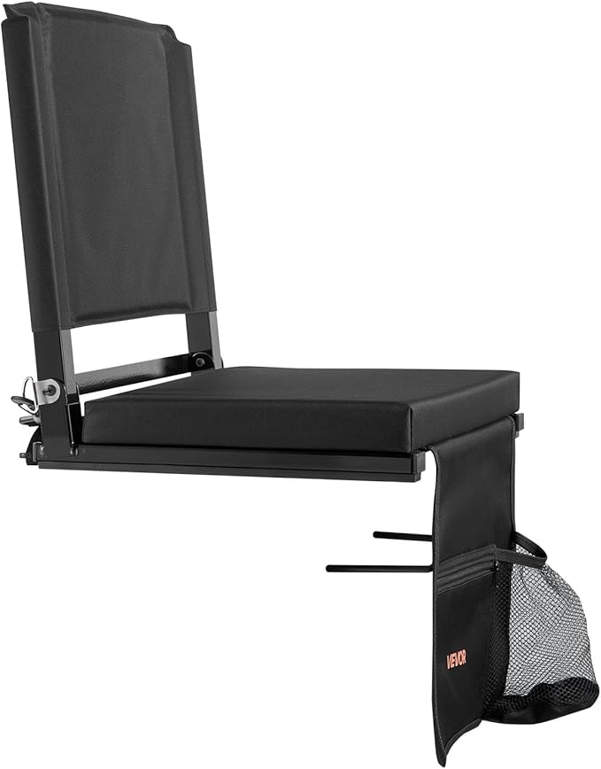 VEVOR Stadium Seat, Folding Bleacher Seat with Back Support and Thick Cushion, Padded Stadium Seats for Bleacher Includes Shoulder Strap, Hooks, Cup Holder, and Side Pocket, Black Bleachers Chair