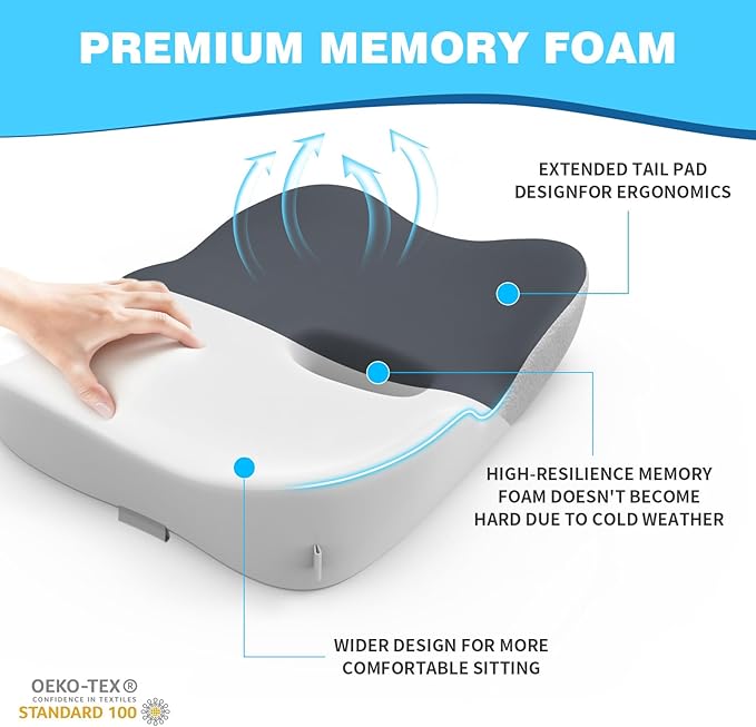 Memory Foam Seat Cushion for Office Chair & Car Seat, Sciatica & Tailbone Pain Relief, Orthopedic Coccyx Cushion with Non-Slip Bottom