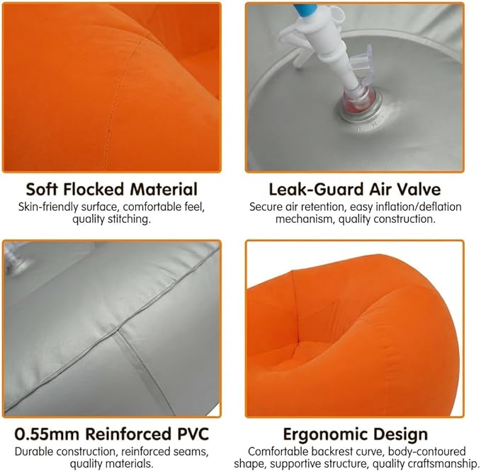 DYRABREST 6 Pcs Bean Bag Chairs for Adults, Inflatable Chairs with Air Pump, Folding Blow Up Couch, Flocking Portable Lazy Sofa for Movie Night, Living Room, Camping, 331 lbs Load-Bearing Capacity