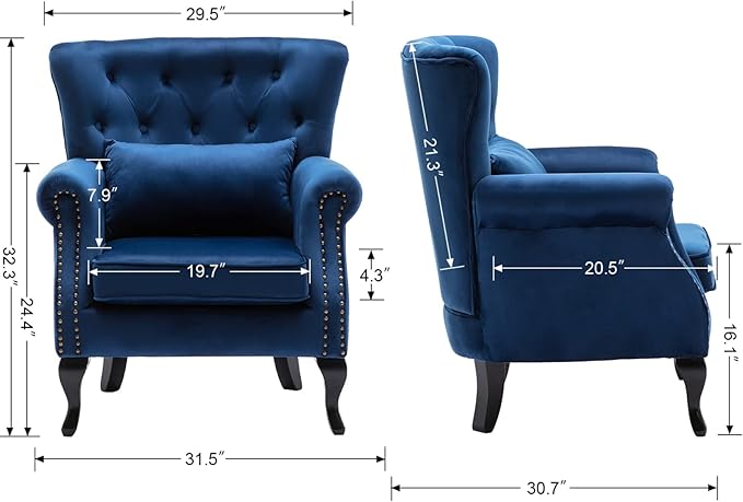 DM Furniture Set of 2 Mid-Century Modern Accent Chair, Velvet Armchair w/Tufted Back/Wood Legs, Upholstered Lounge Arm Chair Single Sofa for Living Room Bedroom, Blue