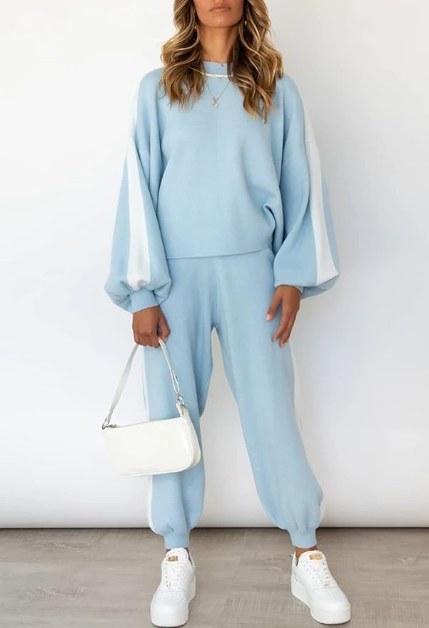 Viottiset Women's 2 Piece Outfits Sweatsuit Casual Knit Pullover Sweater Pajamas Lounge Set