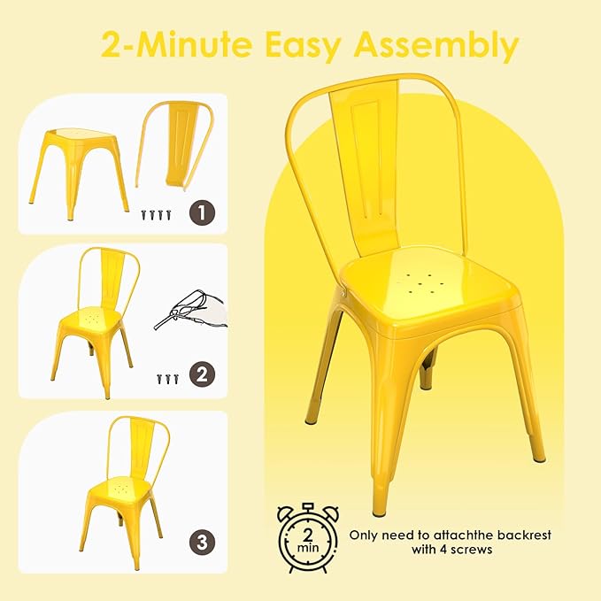 Metal Dining Chairs Set of 2,Stackable Tolix Chair Indoor/Outdoor for Kitchen,Cafe,Restaurant,Bistro & Patio Multiple Colors(Yellow)