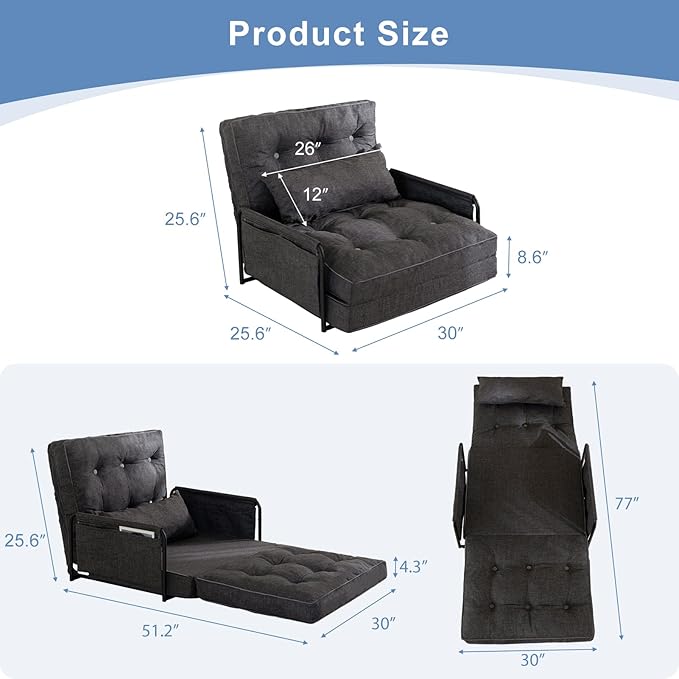YOSHOOT Adjustable Lazy Floor Sofa, Folding Couch Bed with 5 Positions Adjustable Backrest, Convertible Bean Bag Sofa Bed Couch Foldable Sleeper Chair with Pillow for Reading Gaming（Grey, Single）