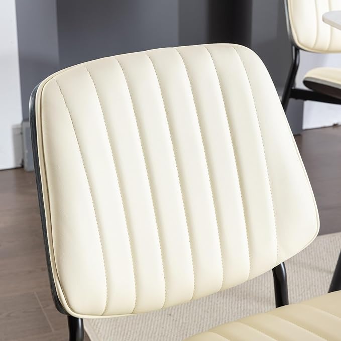 YaFiti Dining Chairs Set of 2, Mid Century Modern Accent Dining Room and Kitchen Chairs, Upholstered PU Leather Vertical Stripe Chairs for Vanity with Walnut Bentwood and Metal Legs, Beige