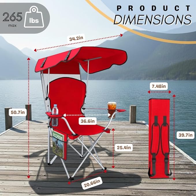 CozyBox Portable Folding Camping Chairs with Canopy Shade, Beach Chair for Adults, Durable Weather Resistant 600D Oxford Cloth, Camping Chair with Canopy for Outdoors [Red]