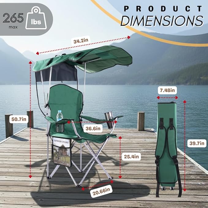 CozyBox Portable Folding Camping Chairs with Canopy Shade, Beach Chair for Adults, Durable Weather Resistant 600D Oxford Cloth, Camping Chair with Canopy for Outdoors [Green]
