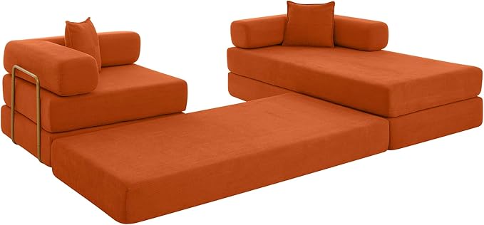 108" Convertible Sleeper Sofa Bed, Corduroy Folding Sofa Bed with Fixed-Shape Frame, Fold Out Floor Mattress Couch, Lazy Compression Sofas for Living Room, Bedroom, No Assembly Required,Orange