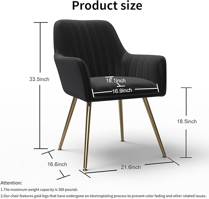 Purgreen Velvet Dining Chair Set of 6 - Modern Mid-Back Accent Chair with Gold Plating Legs - Comfy Upholstered Chair for Living Room，Restaurant & Reception Room (Velvet Black, Set of 6)