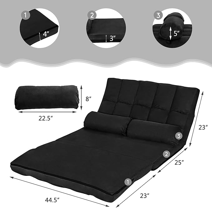 DORTALA Foldable Floor Sofa, 6-Position Adjustable Lounge Couch with 2 Pillows & Suede Cloth Cover, Modern Lounge Mattress Video Gaming Lazy Couch, Suede Floor Seating Sofa, 71" x 44.5", Black