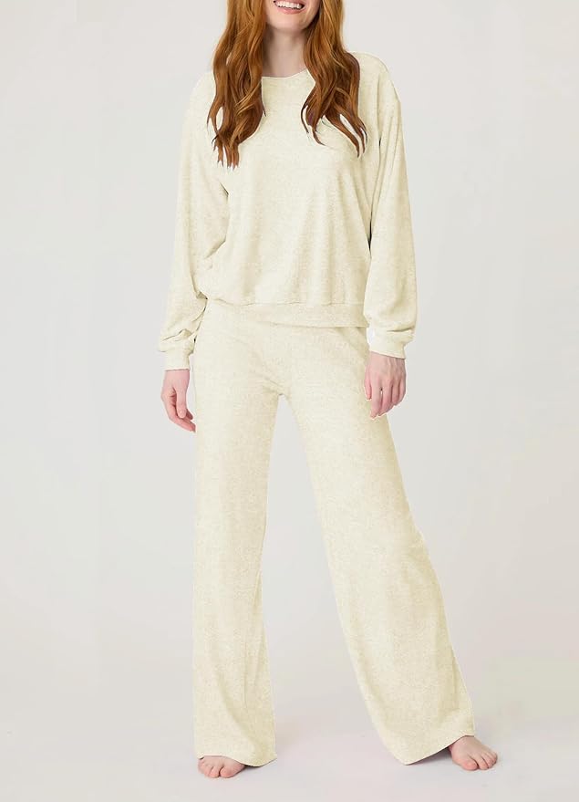 Aamikast Women's 2-Piece Lounge Set Soft Brushed Jersey Sleepwear Pajamas Set Long Sleeve Top & Wide Leg Pants