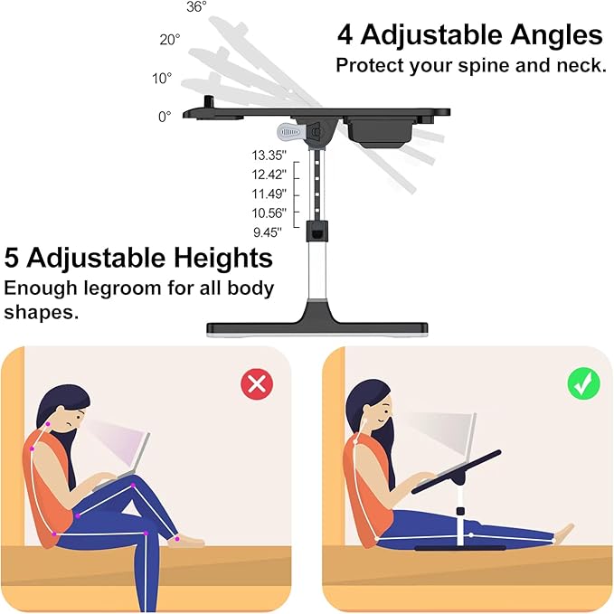 Laptop Stand for Bed, Adjustable Leather Bed Desk with Foldable Legs, X-Large Laptop Bed Table Tray with Drawer for Bed Couch Floor Writing Working Reading Eating Painting (Black, 23.6"×15.7")
