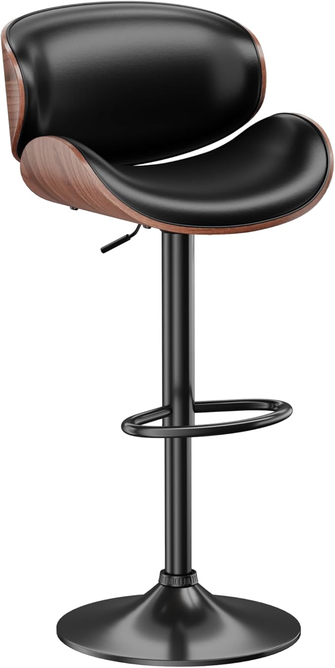 Aowos Bar Stools, Adjustable Swivel Barstools for Kitchen Island, Mid Century Modern Leather Counter Height Bar Chairs with Back & Footrest (Black 1PCS)