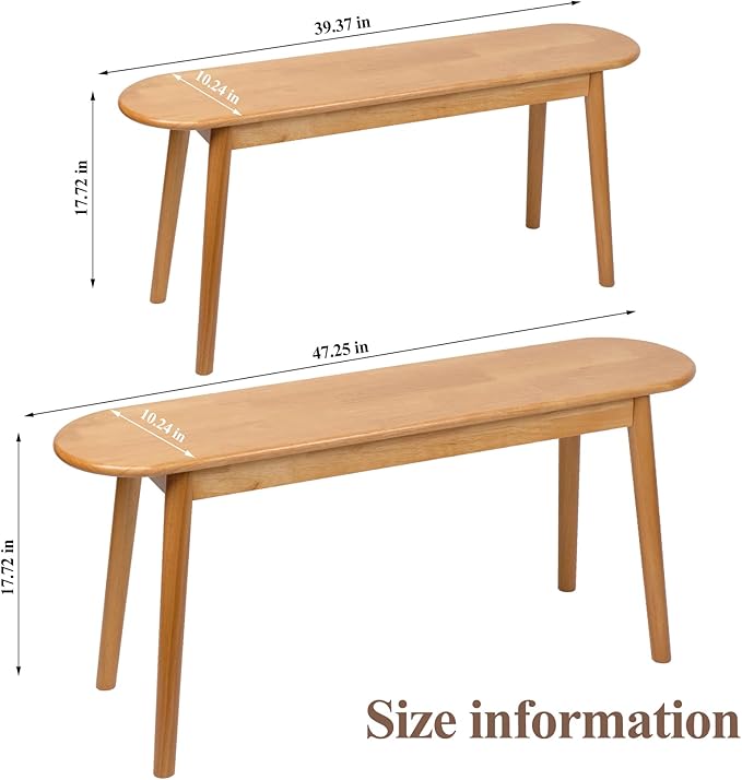 Cttasty Entryway Bench, Solid Wood Dining Bench, Midcentury End of Bed Bench w/Rounded Corner, Outdoor Bench w/Robust Construction, Bedroom Bench, 10.24" W x 17.72" H（Natural 39.4inches）